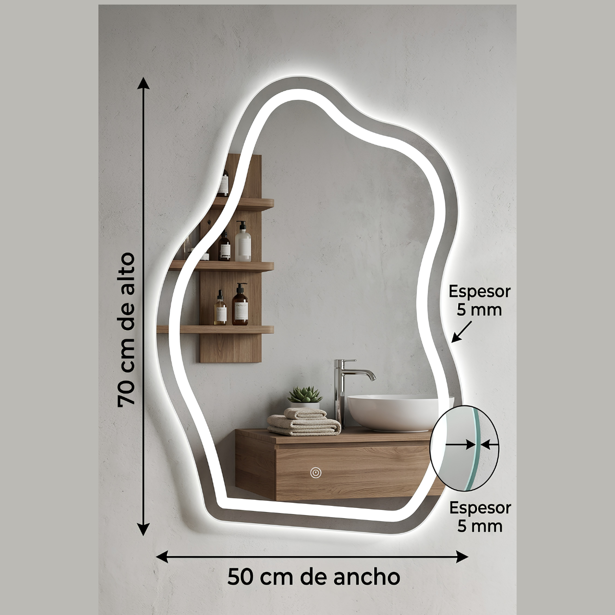 Espejo con Luz LED Táctil para Baño – 3 Funciones de Iluminación | Moderno