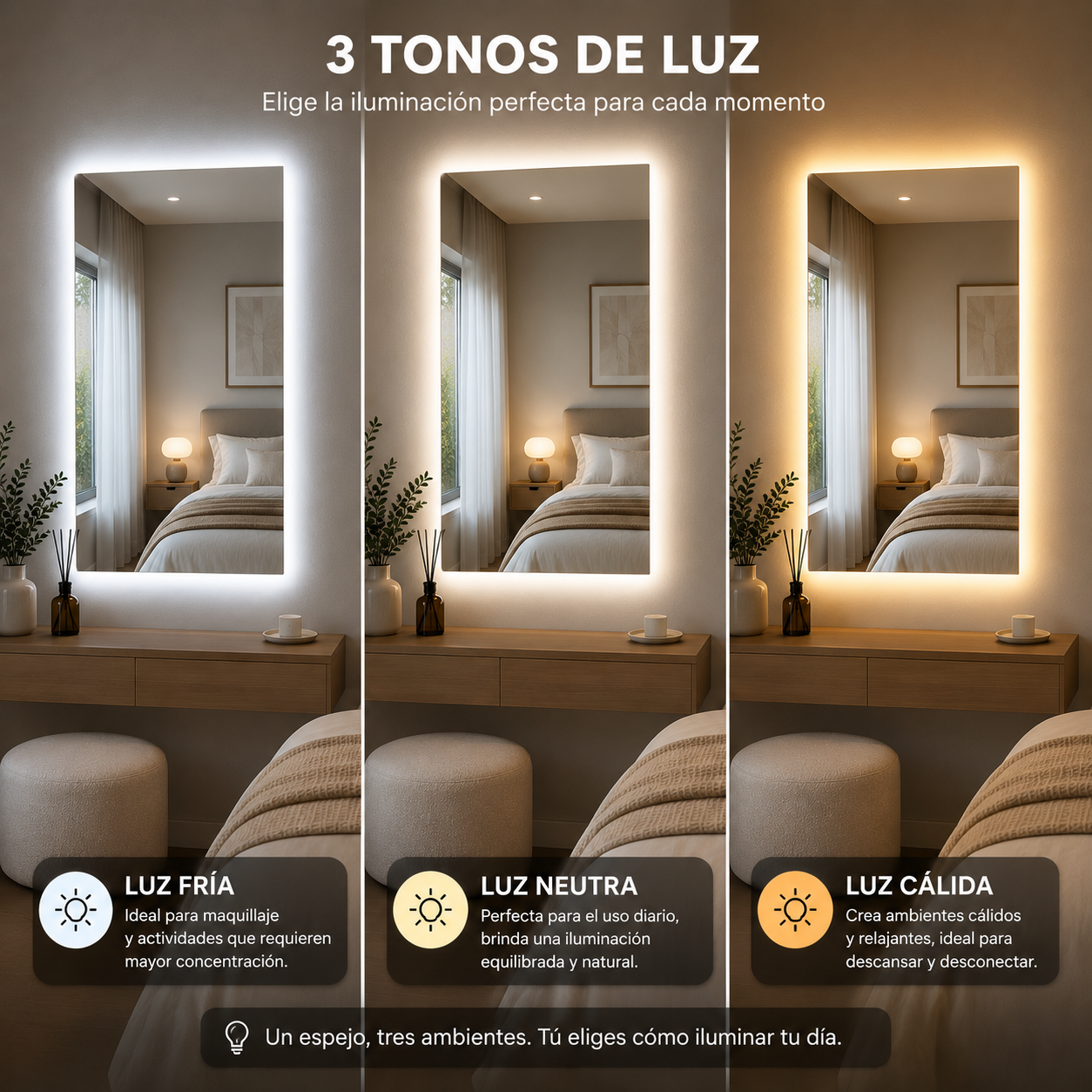 Espejo LED Rectangular 100x60 cm – 3 Tonos de Luz | KB Home Spa