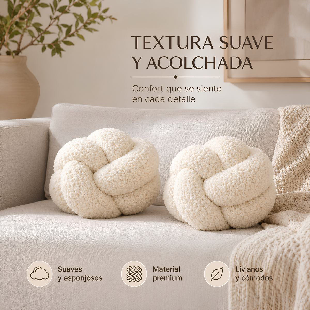Set de Cojines Decorativos Nudo Escandinavo Blanco – 25 cm