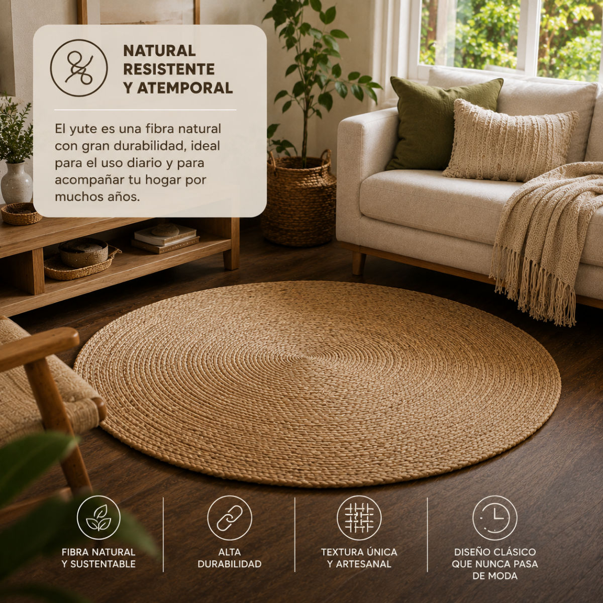 Alfombra Redonda 120 cm de Yute Natural Hecha a Mano – Decoración Boho Chic