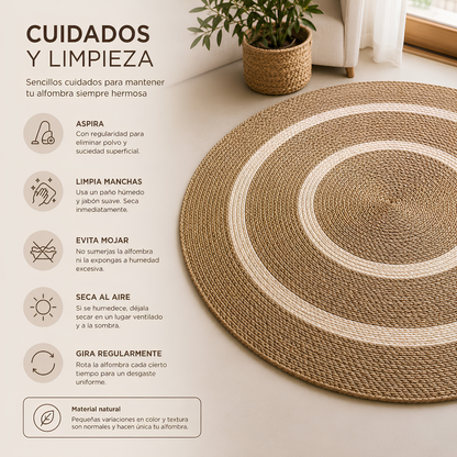 Alfombra Redonda de Yute Natural con Diseño de Aros Concéntricos – Estilo Boho Chic