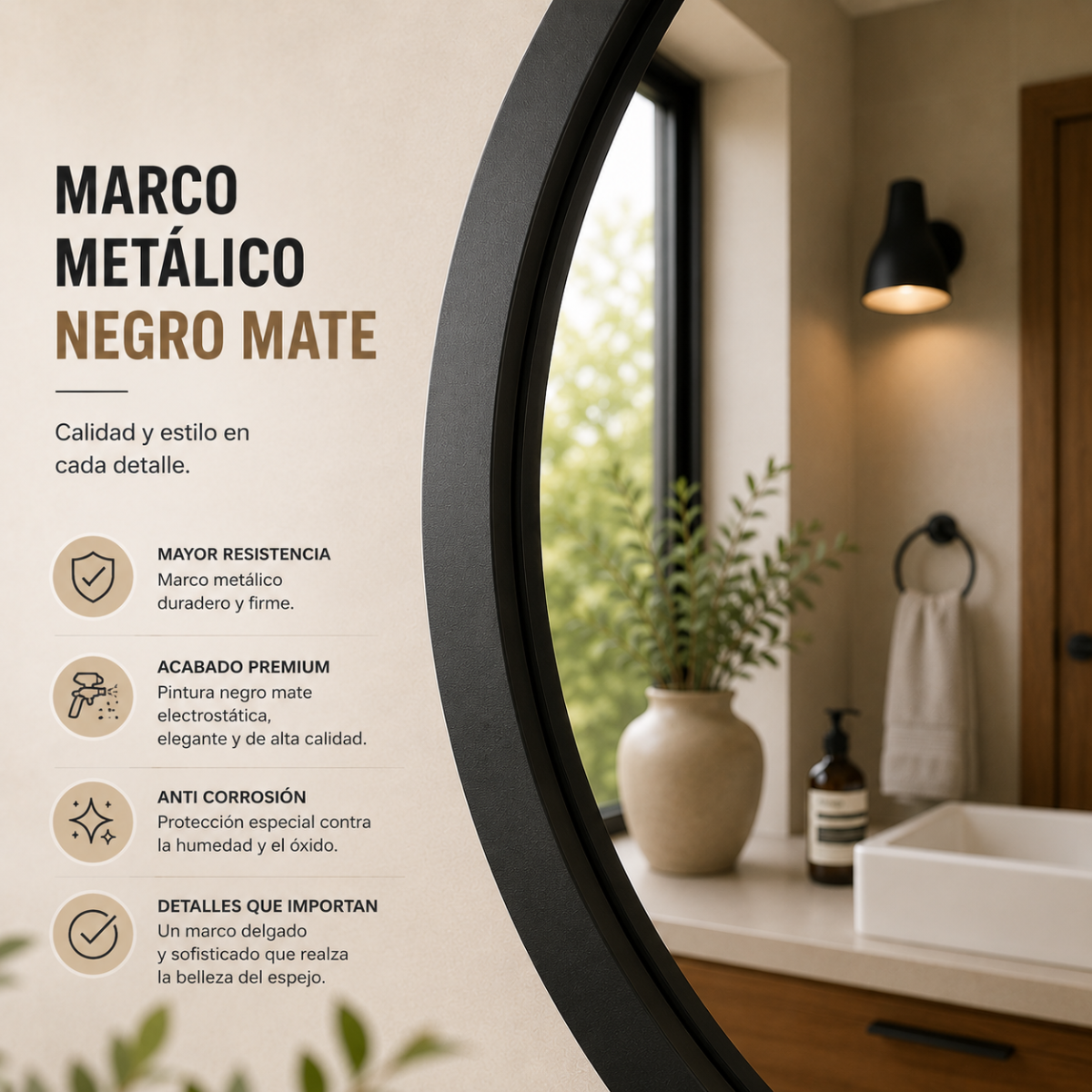 Espejo Redondo Decorativo 60 cm Marco Negro – Estilo Nórdico Minimalista