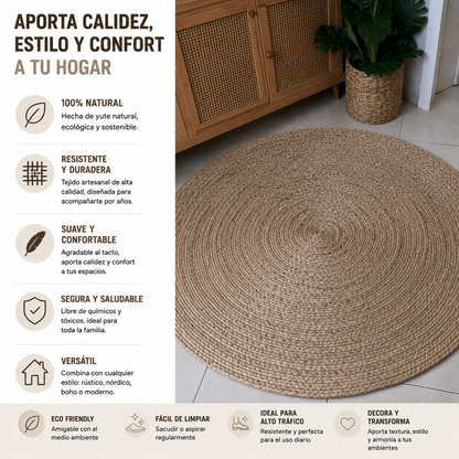 Alfombra Redonda 120 cm de Yute Natural Hecha a Mano – Decoración Boho Chic
