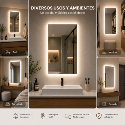 Espejo LED Rectangular 100x60 cm – 3 Tonos de Luz | KB Home Spa