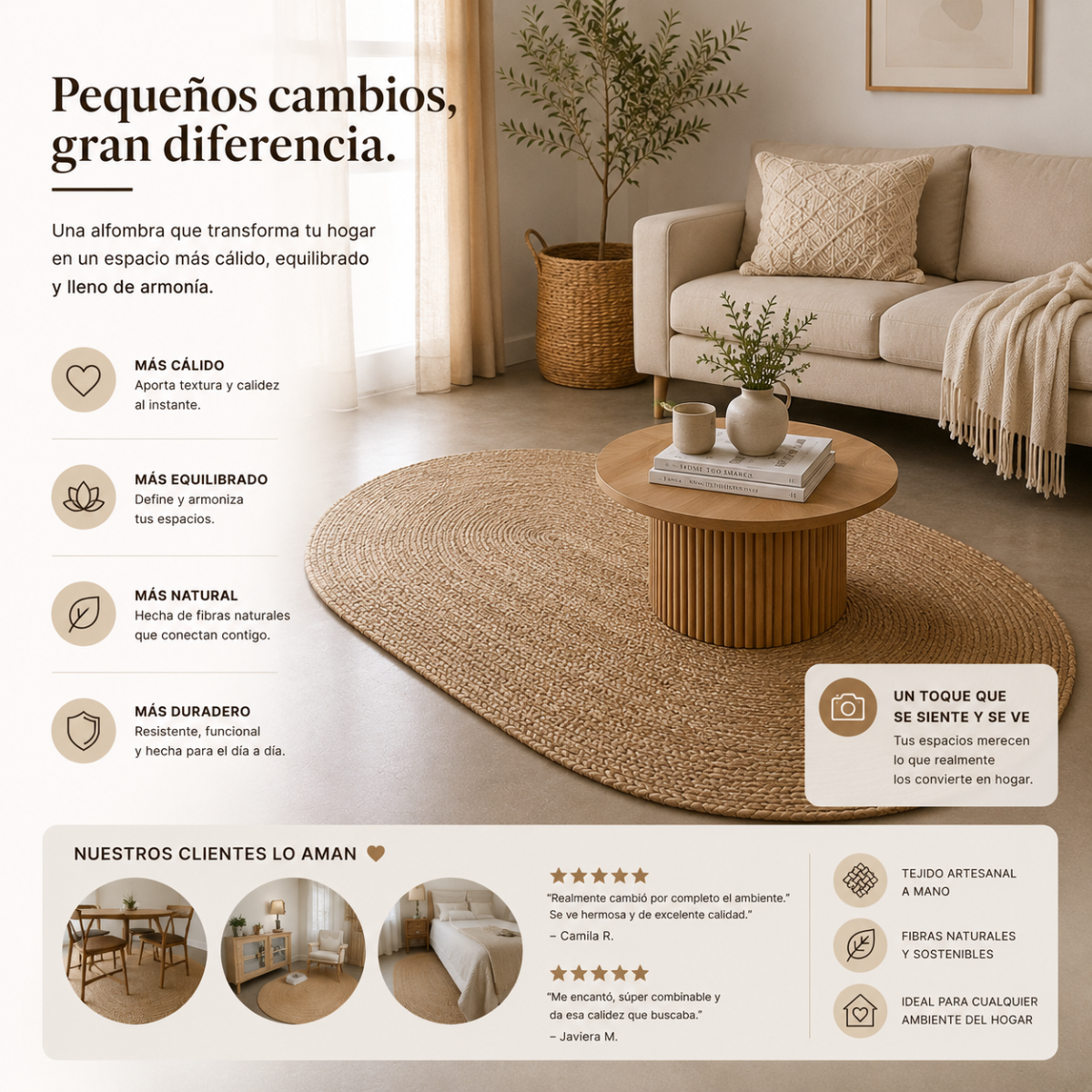 Alfombra de Yute Natural Ovalada 100 x 150 cm – Living, Dormitorio o Entrada