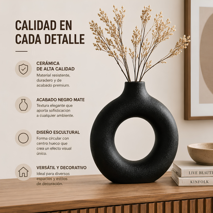 Jarrón Decorativo Redondo Hueco Negro Mate – Estilo Moderno Minimalista