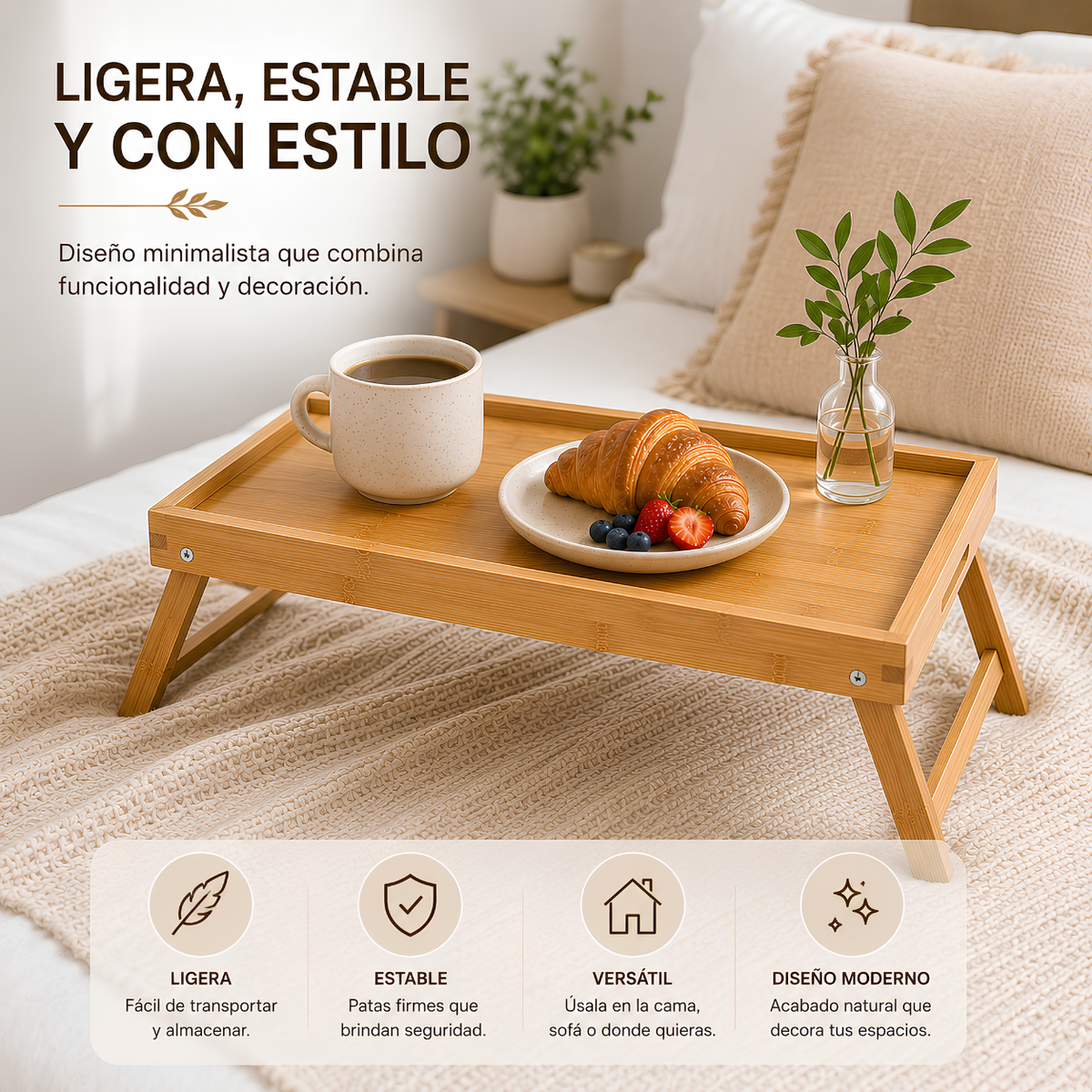 Bandeja de Bambú Plegable para Cama 50x30 cm – Desayuno, Laptop y Escritorio