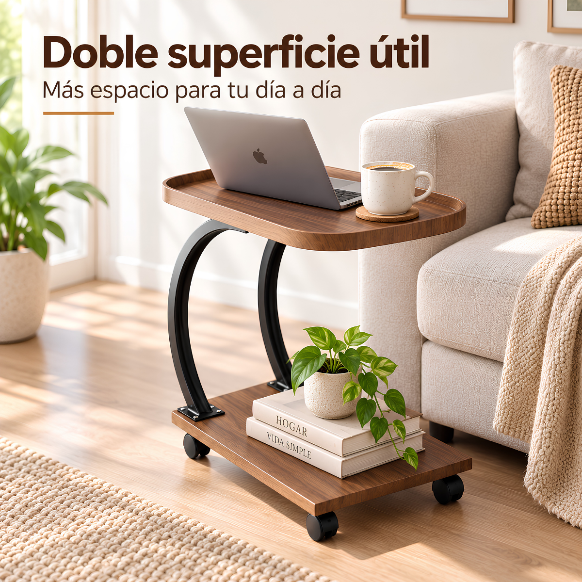 Mesa Auxiliar Tipo C con Ruedas para sofá –Ideal para trabajar, comer o usar laptop cómodamente