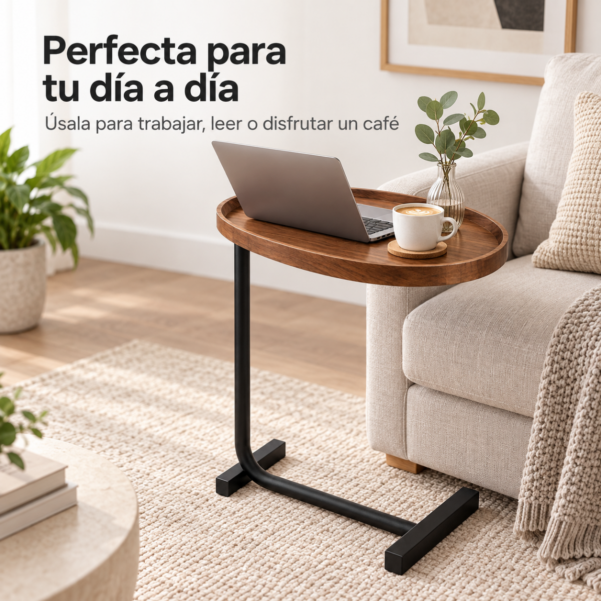 Mesa Auxiliar Tipo C – Madera Nogal y Metal Negro | Moderna Industrial