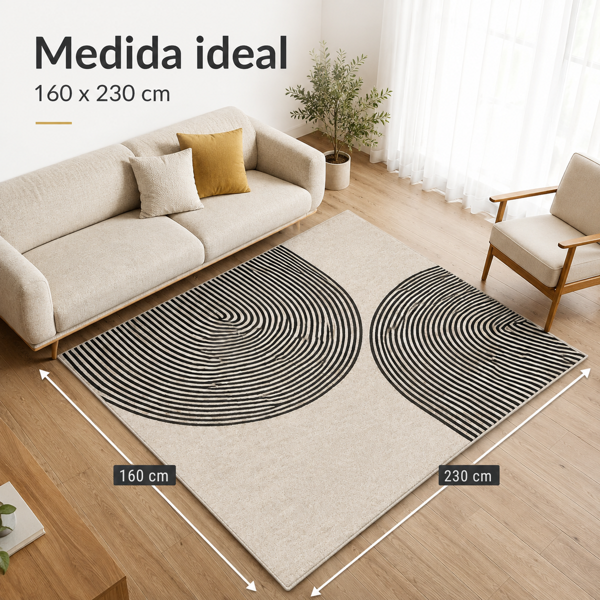 Alfombra Minimalista Círculos Concéntricos – Gris, Beige y Negro 160x230 cm