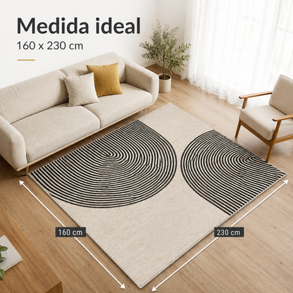 Alfombra Minimalista Círculos Concéntricos – Gris, Beige y Negro 160x230 cm
