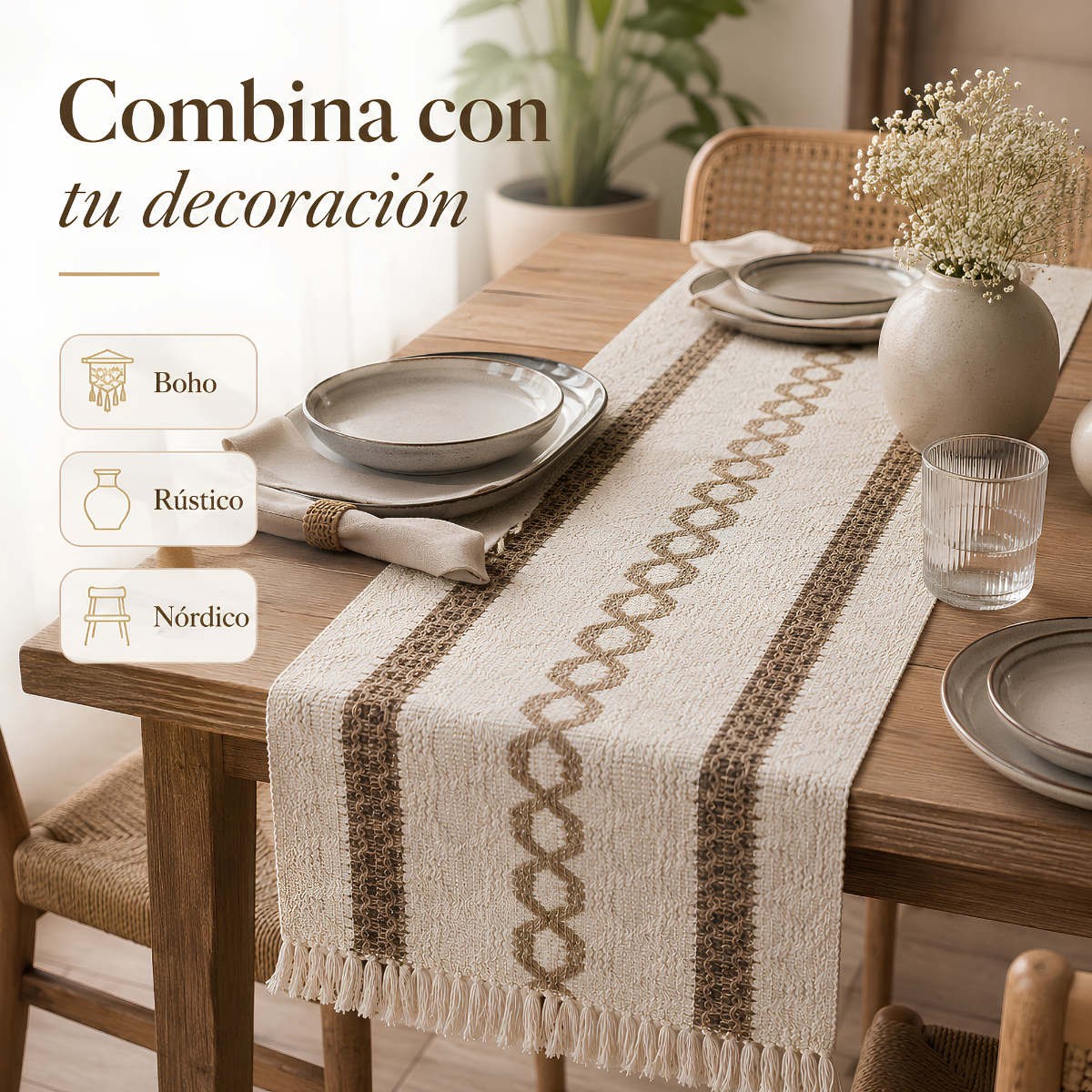 Camino de Mesa Boho con Flecos 180 x 30 cm, Beige y Marrón