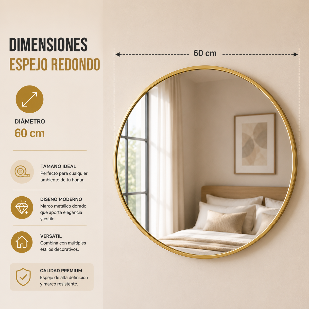 Espejo Circular o Redondo borde Dorado 60 cm