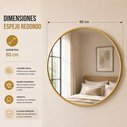 Espejo Circular o Redondo borde Dorado 60 cm