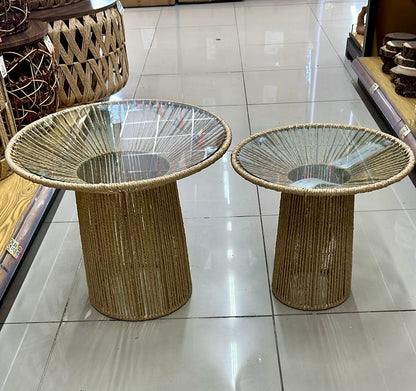 Set de 2 Mesas de Centro Nido de Cuerda de  Fibra Natural y Vidrio Estilo Boho