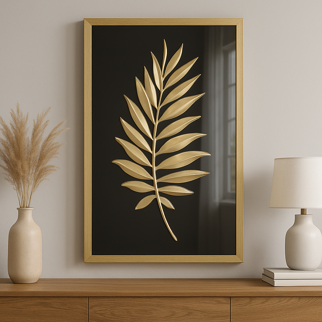 Cuadro Decorativo Hoja Dorada en Relieve – Arte Moderno con Marco Dorado