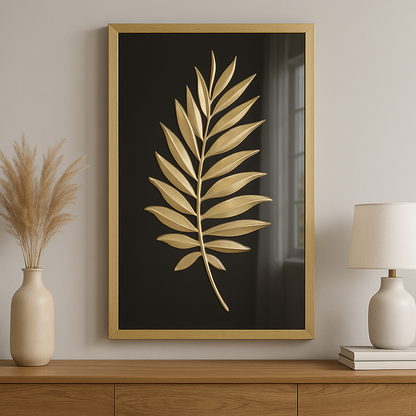 Cuadro Decorativo Hoja Dorada en Relieve – Arte Moderno con Marco Dorado