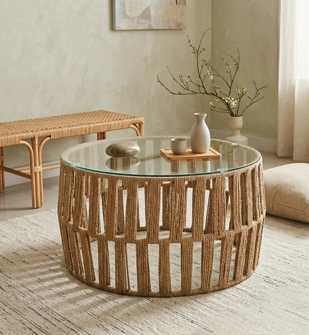 Mesa de Centro Redonda Orgánica - Yute y Vidrio Templado 69x38 cm