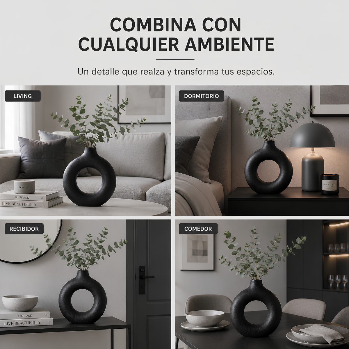 Jarrón Decorativo Redondo Hueco Negro Mate – Estilo Moderno Minimalista