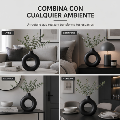 Jarrón Decorativo Redondo Hueco Negro Mate – Estilo Moderno Minimalista