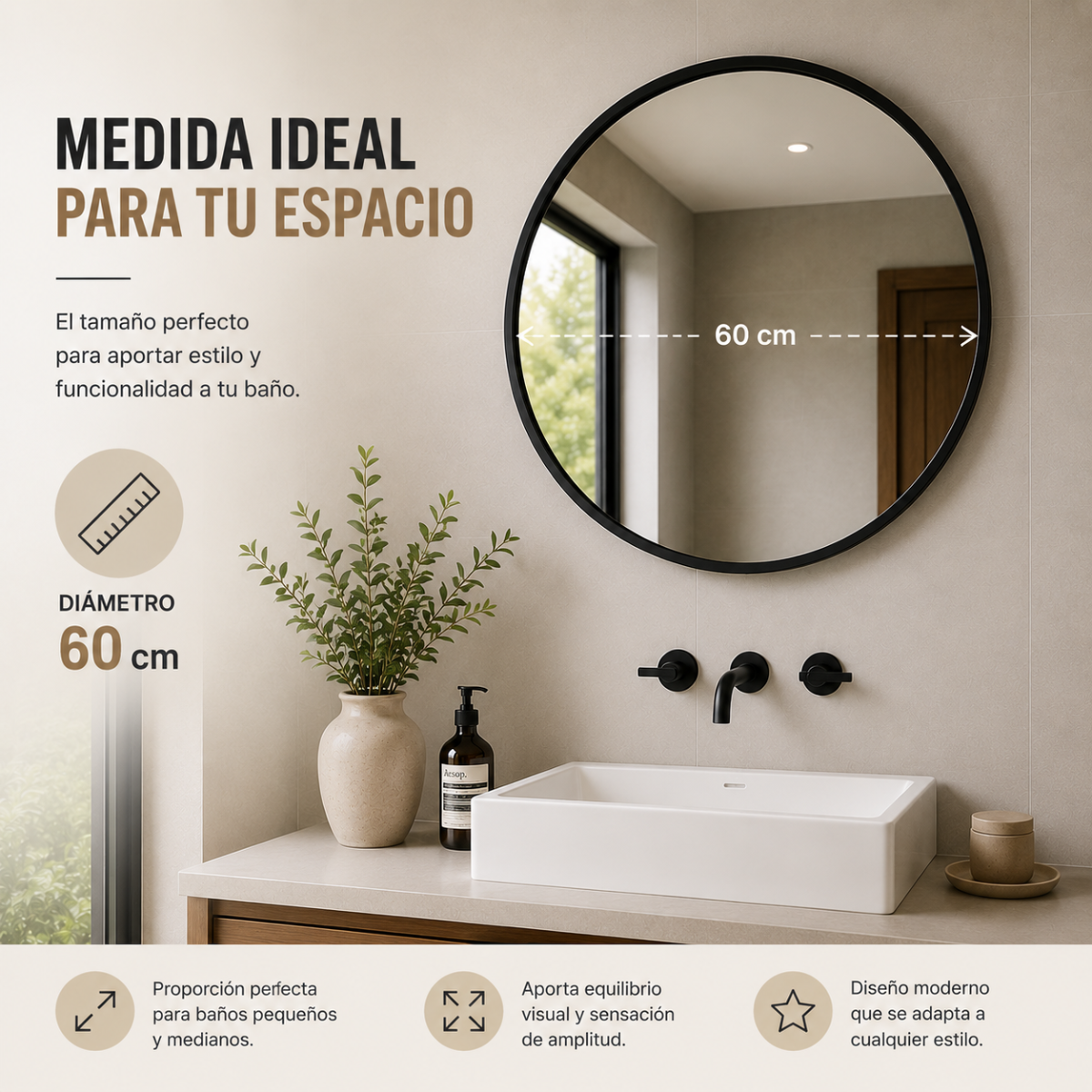 Espejo Redondo Decorativo 60 cm Marco Negro – Estilo Nórdico Minimalista