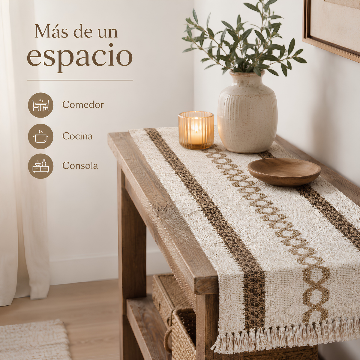 Camino de Mesa Boho con Flecos 180 x 30 cm, Beige y Marrón