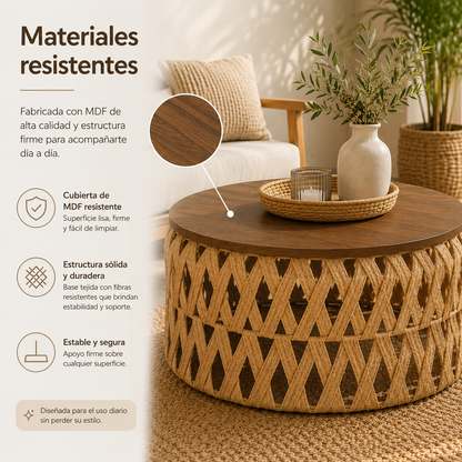 Mesa Centro o Auxiliar de Yute y Madera – Estilo Natural | Disponible en Tamaño Mediano y Grande + REGALO SORPRESA🎁