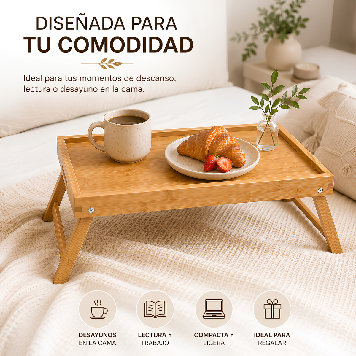 Bandeja de Bambú Plegable para Cama 50x30 cm – Desayuno, Laptop y Escritorio