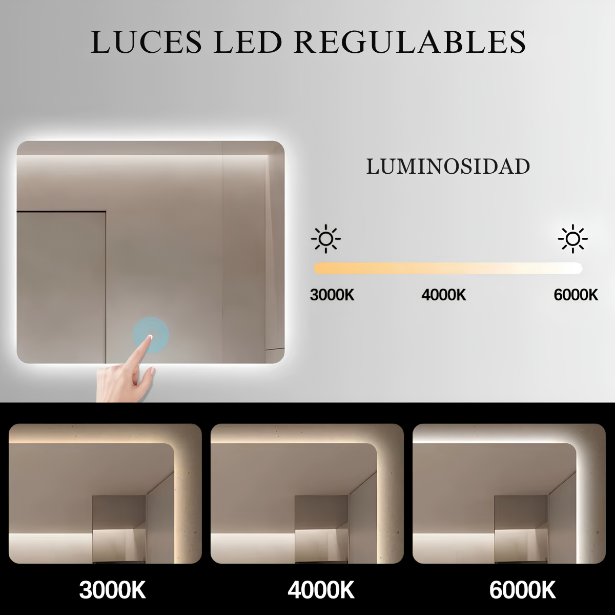 Espejo con Luz LED Rectangular 100 x 60 cm Táctil para Baño - Montaje en Pared