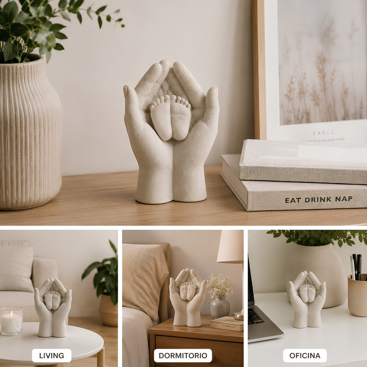 Escultura Decorativa Manos con Pies de Guagua Bebé 17x12 cm – Resina Blanco Marfil