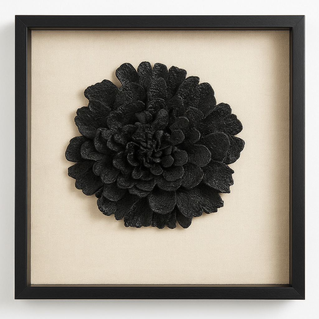 Cuadro Decorativo en Relieve con Flor Negra – Elegancia Moderna con Marco Negro