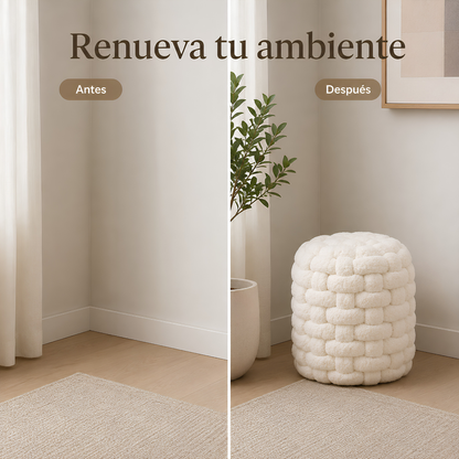 Puff Bouclé Tejido en Relieve – Color Crudo 38x32 cm