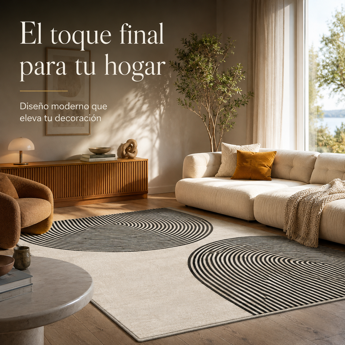 Alfombra Minimalista Círculos Concéntricos – Gris, Beige y Negro 160x230 cm