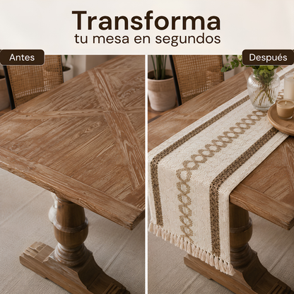 Camino de Mesa Boho con Flecos 180 x 30 cm, Beige y Marrón