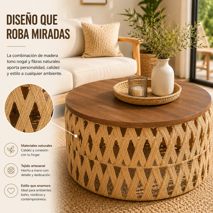 Mesa Centro o Auxiliar de Yute y Madera – Estilo Natural | Disponible en Tamaño Mediano y Grande + REGALO SORPRESA🎁