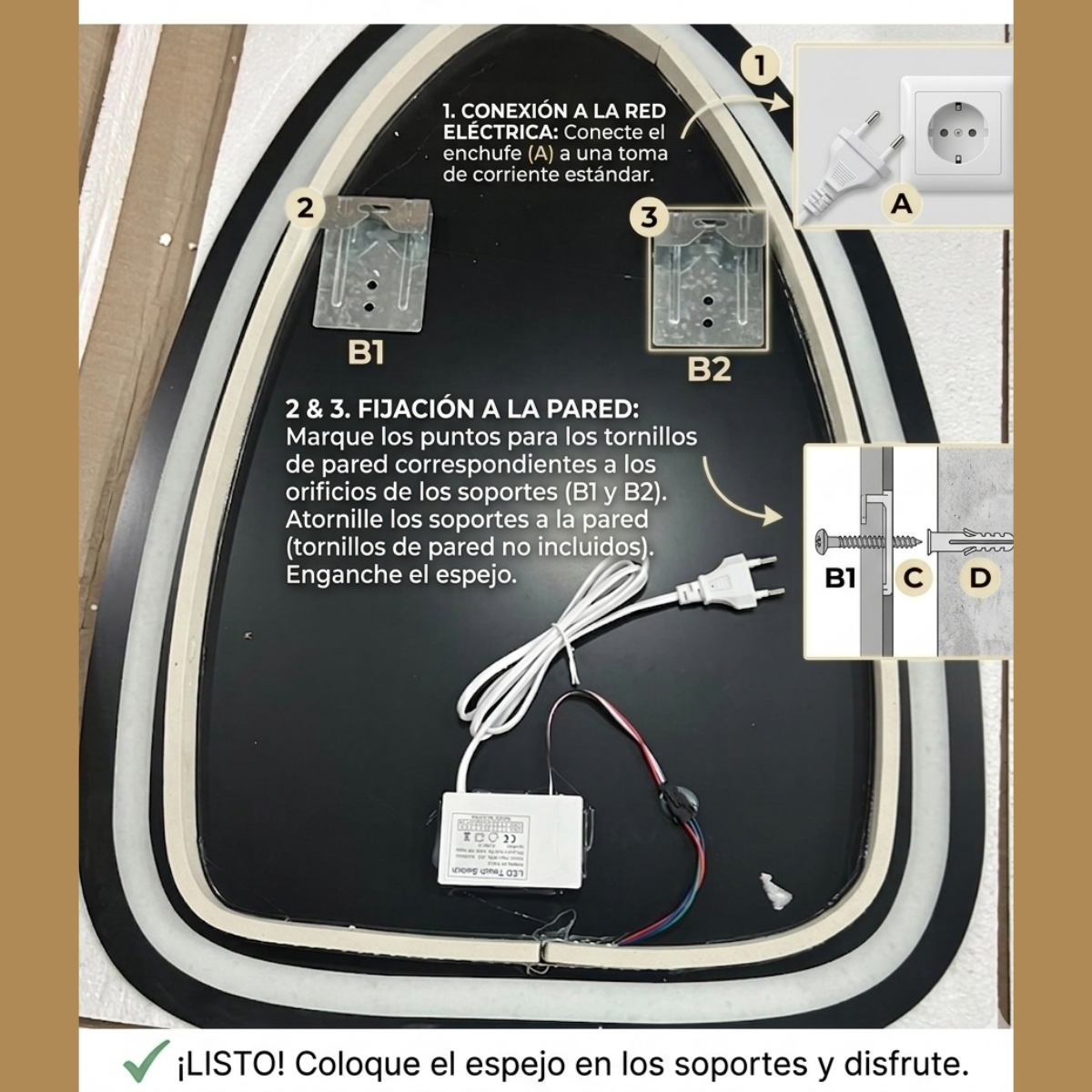 Espejo Irregular Orgánico 50x70 cm LED 3 Tonos Touch | KB Home Spa