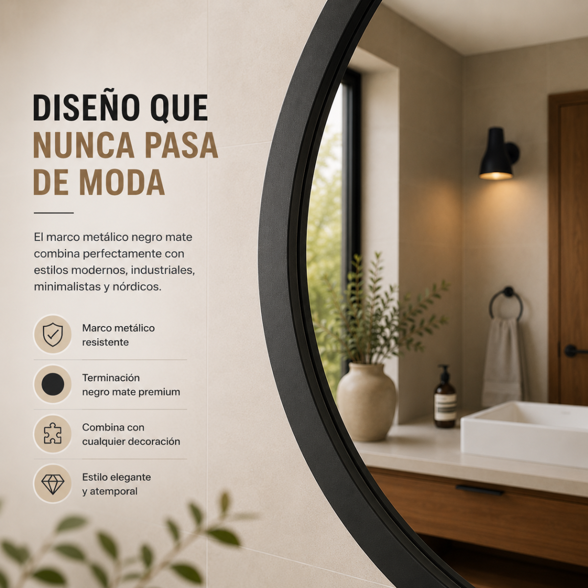 Espejo Redondo Decorativo 60 cm Marco Negro – Estilo Nórdico Minimalista