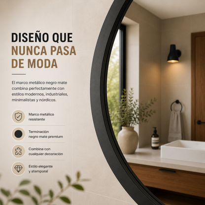 Espejo Redondo Decorativo 60 cm Marco Negro – Estilo Nórdico Minimalista