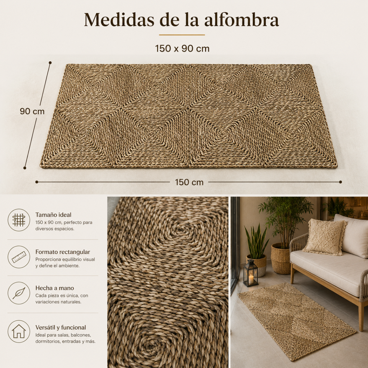 Alfombra de Yute Rectangular 90 x 150 cm – Fibra Natural Tejida Artesanal