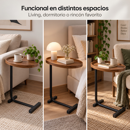 Mesa Auxiliar Tipo C – Madera Nogal y Metal Negro | Moderna Industrial