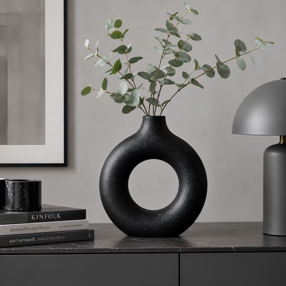 Jarrón Decorativo Redondo Hueco Negro Mate – Estilo Moderno Minimalista