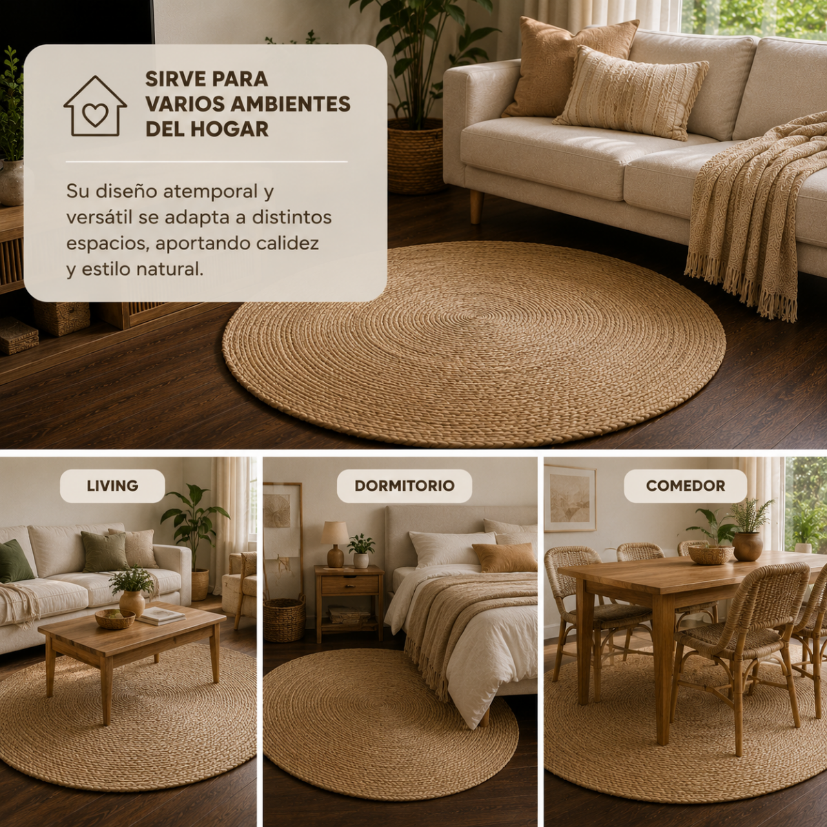 Alfombra Redonda 120 cm de Yute Natural Hecha a Mano – Decoración Boho Chic