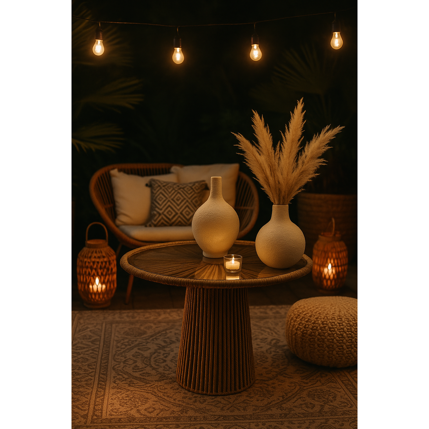 Mesas Laterales con Base de Cuerda Tejida de Yute y Cubierta de Vidrio – 2 Tamaños