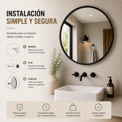 Espejo Redondo Decorativo 60 cm Marco Negro – Estilo Nórdico Minimalista