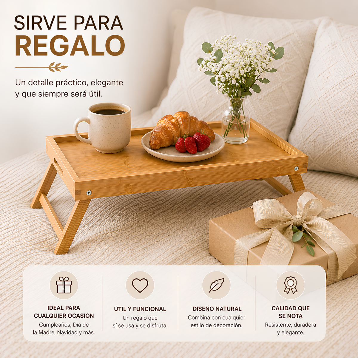 Bandeja de Bambú Plegable para Cama 50x30 cm – Desayuno, Laptop y Escritorio