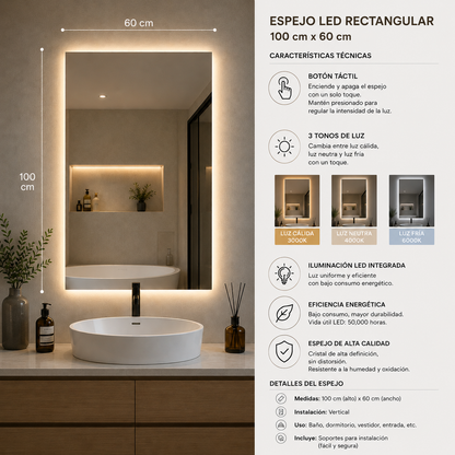 Espejo LED Rectangular 100x60 cm – 3 Tonos de Luz | KB Home Spa