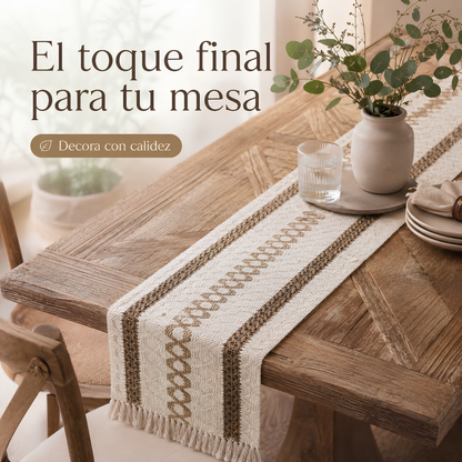 Camino de Mesa Boho con Flecos 180 x 30 cm, Beige y Marrón