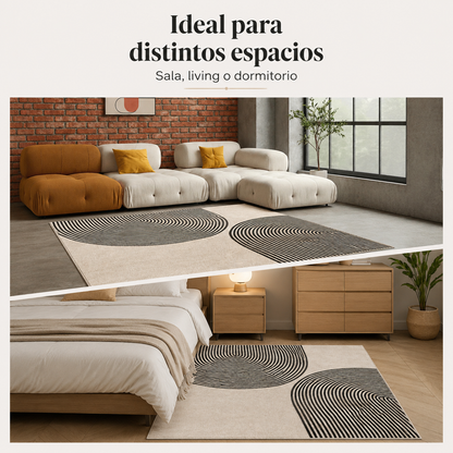 Alfombra Minimalista Círculos Concéntricos – Gris, Beige y Negro 160x230 cm