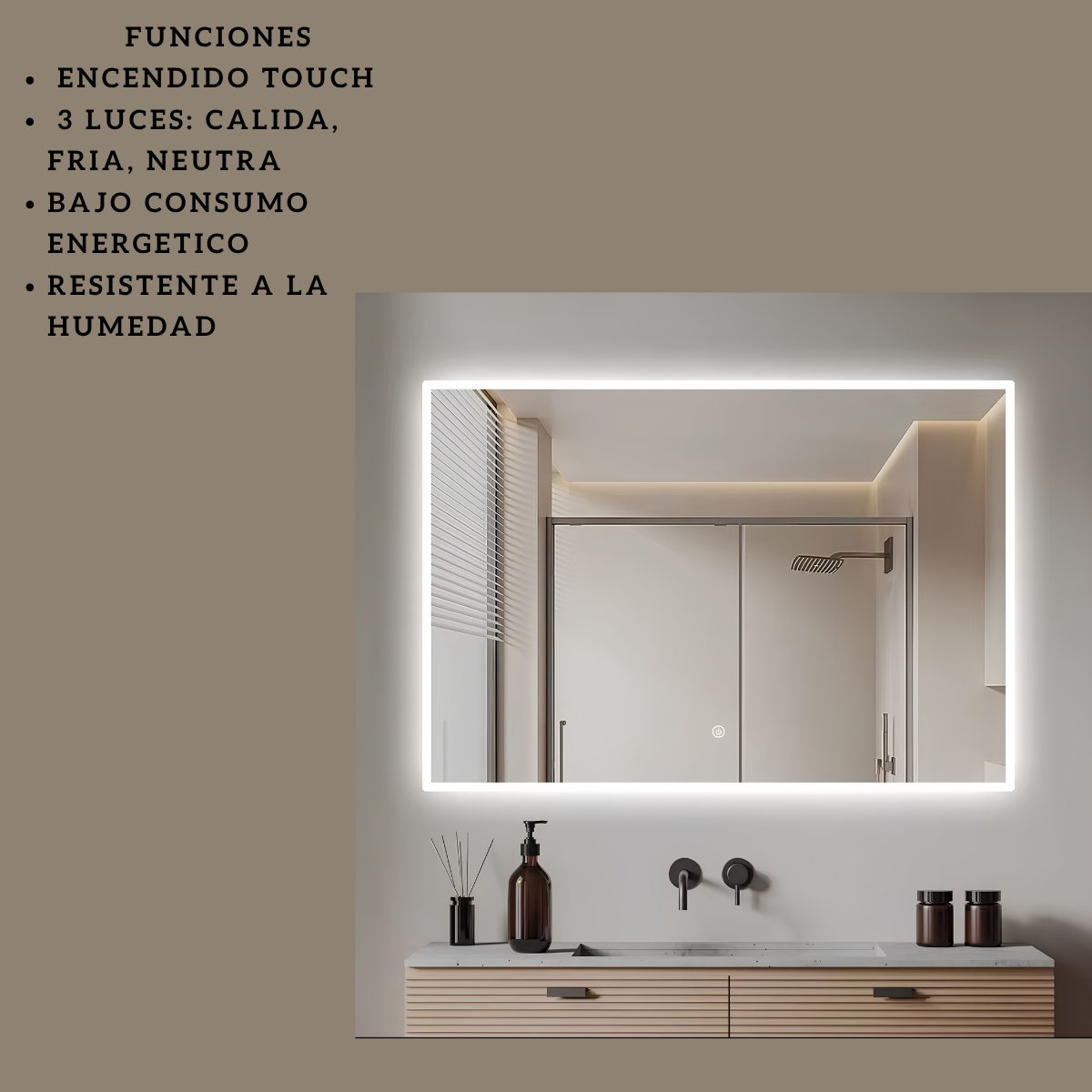 Espejo con Luz LED Rectangular 100 x 60 cm Táctil para Baño - Montaje en Pared