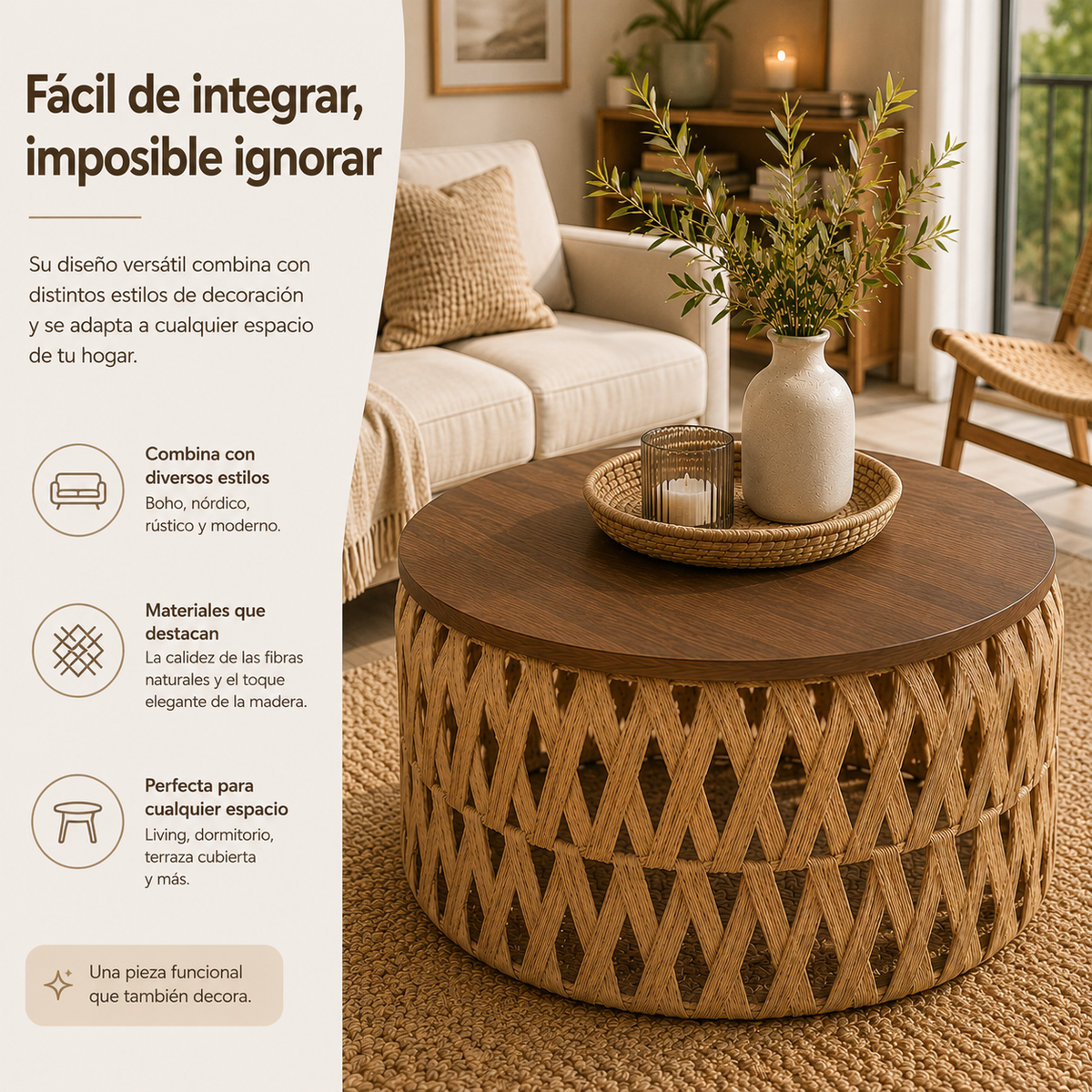Mesa Centro o Auxiliar de Yute y Madera – Estilo Natural | Disponible en Tamaño Mediano y Grande + REGALO SORPRESA🎁